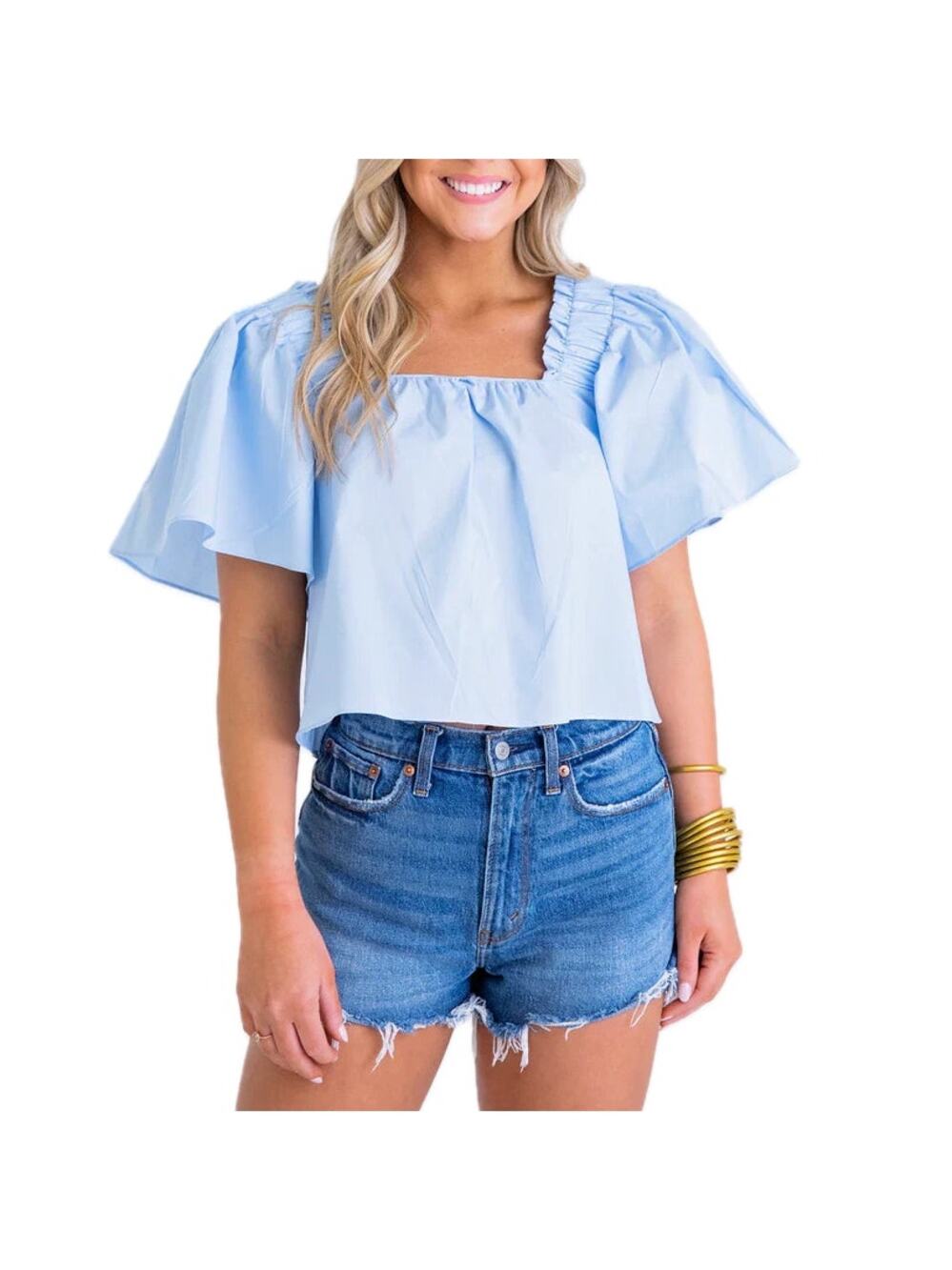 Karlie Solid Light Blue Poplin Cotton Flutter Puff Sleeve Square Neck Boho Top